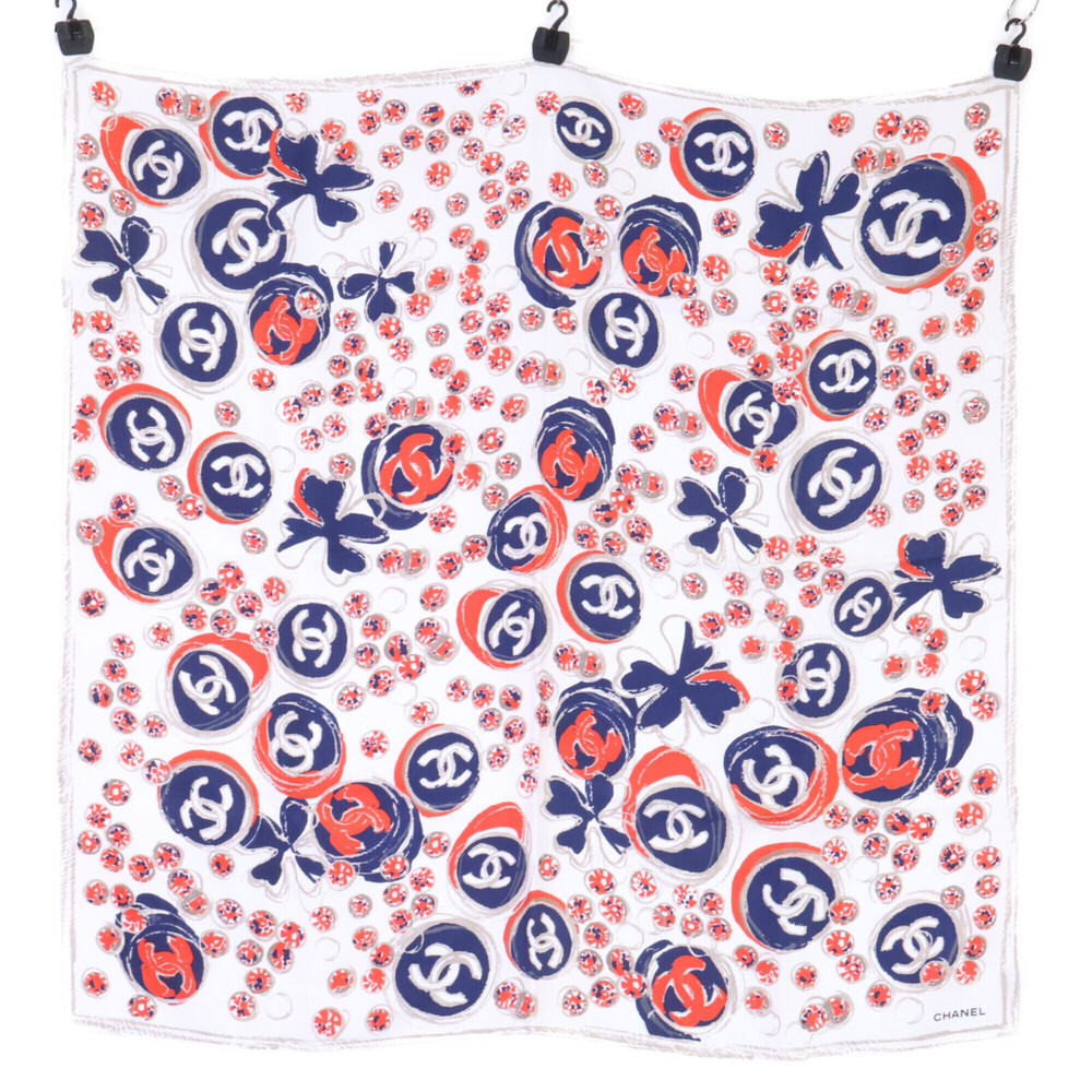CHANEL 12P CC Coco Mark Clover Silk Scarf/Muffler, White Multicolor, Women's